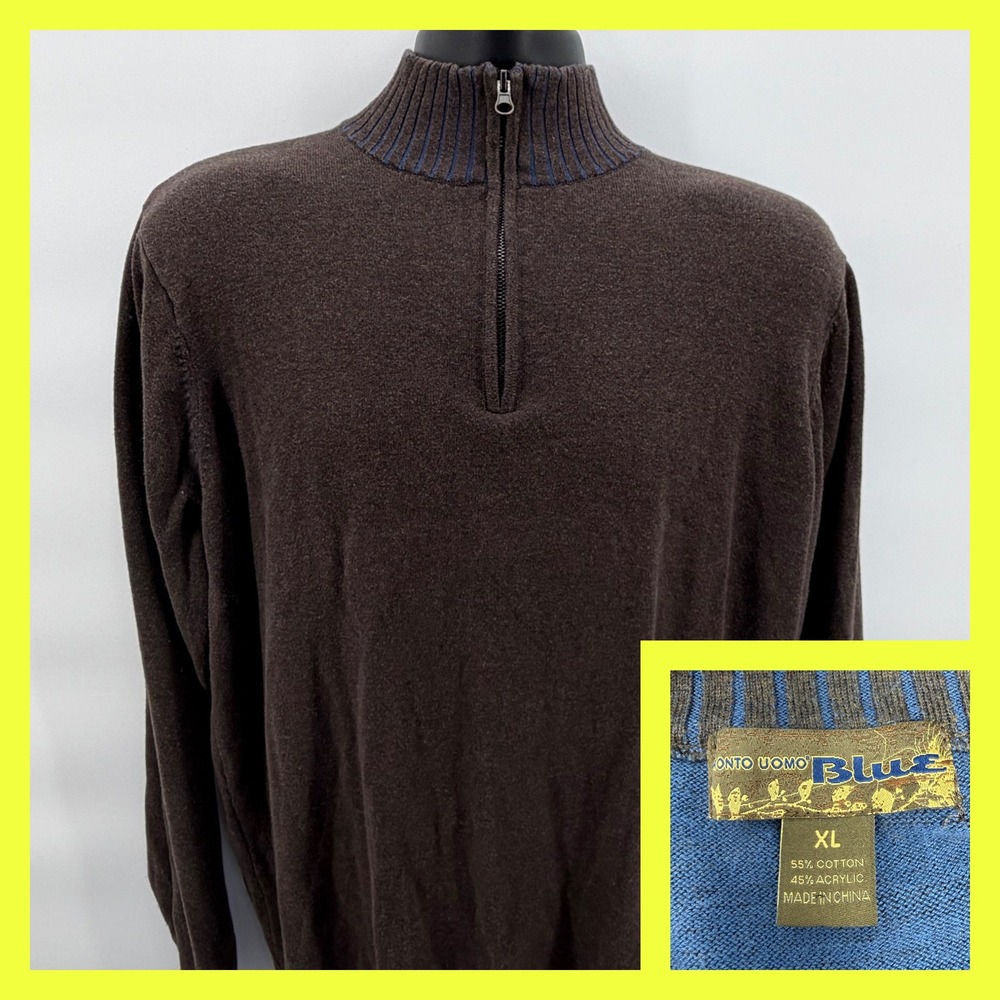 Pronto Uomo Blue Sweater Mens XL Brown Quarter Zip Cotton Blend Mock Neck